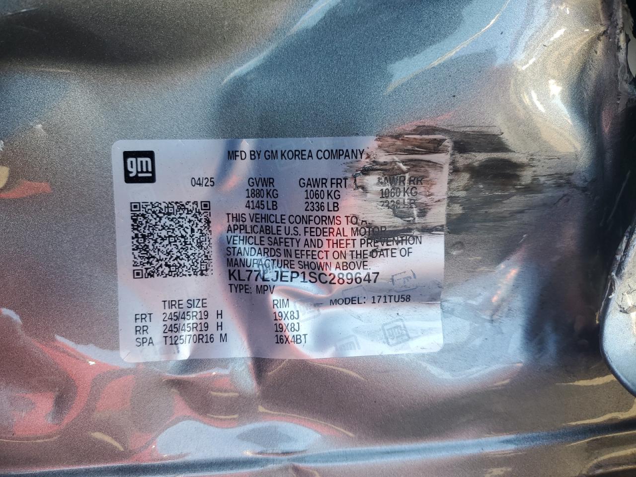 2025 Chevrolet Trax 2Rs VIN: KL77LJEP1SC289647 Lot: 92942015