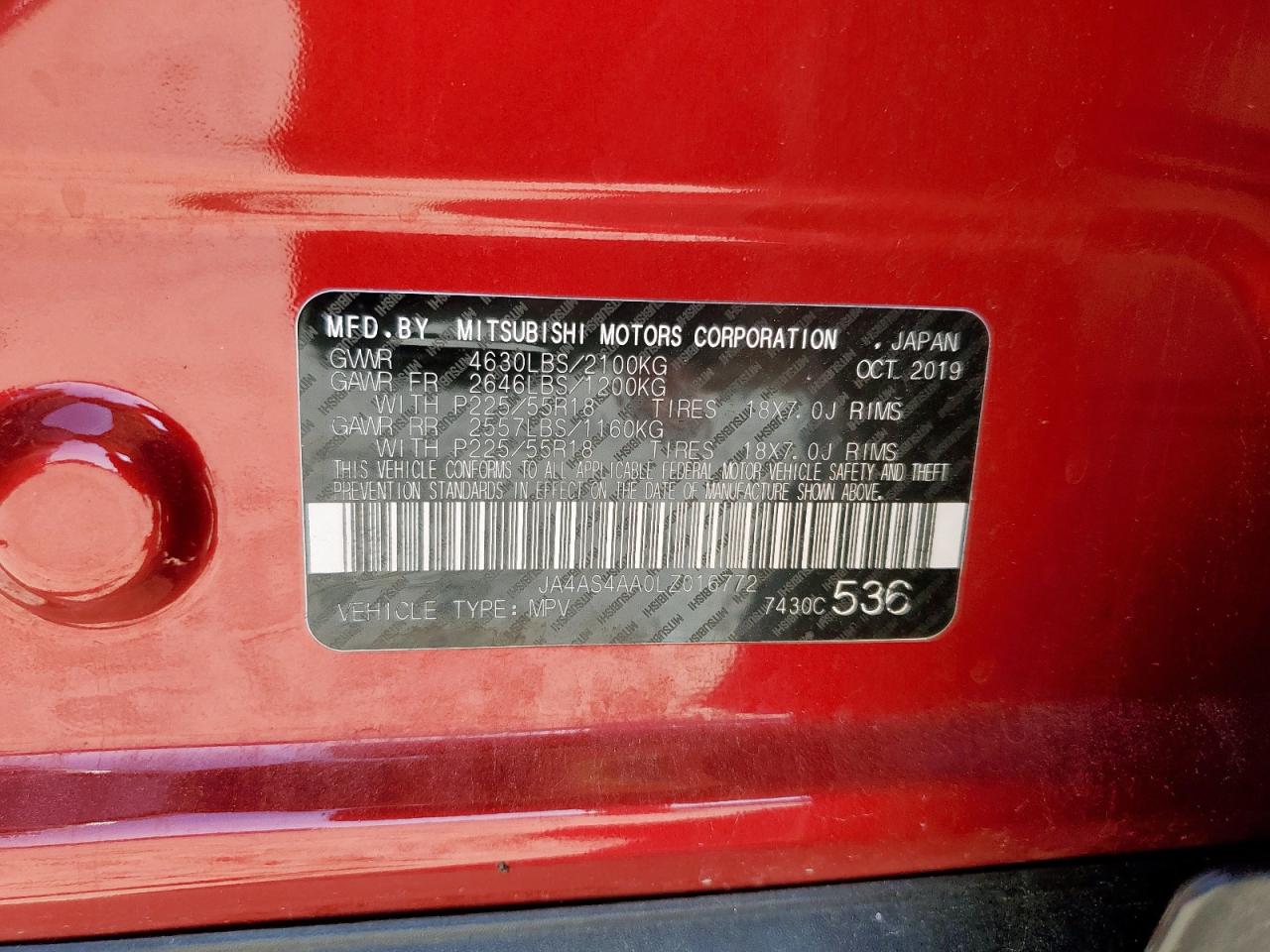 2020 Mitsubishi Eclipse Cross Le VIN: JA4AS4AA0LZ016772 Lot: 91884545