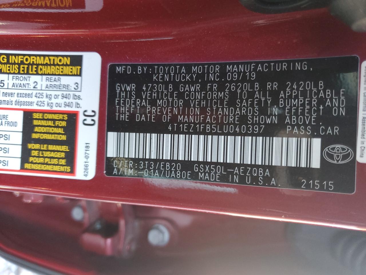 2020 Toyota Avalon Xse VIN: 4T1EZ1FB5LU040397 Lot: 92721535