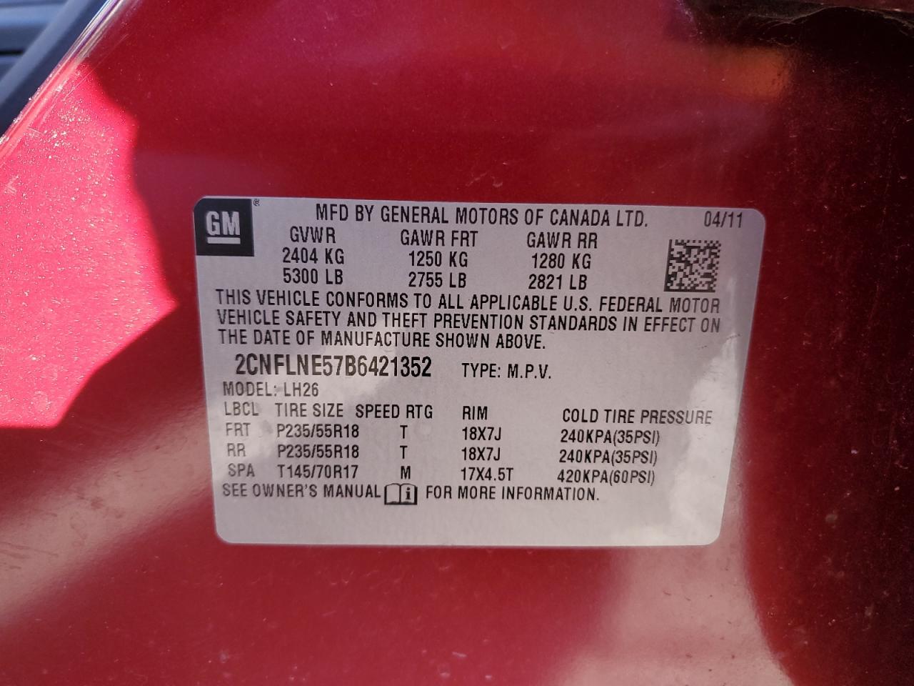 2011 Chevrolet Equinox Lt VIN: 2CNFLNE57B6421352 Lot: 92526465