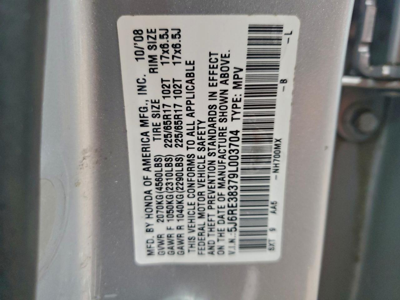 2009 Honda Cr-V Lx VIN: 5J6RE38379L003704 Lot: 93620425