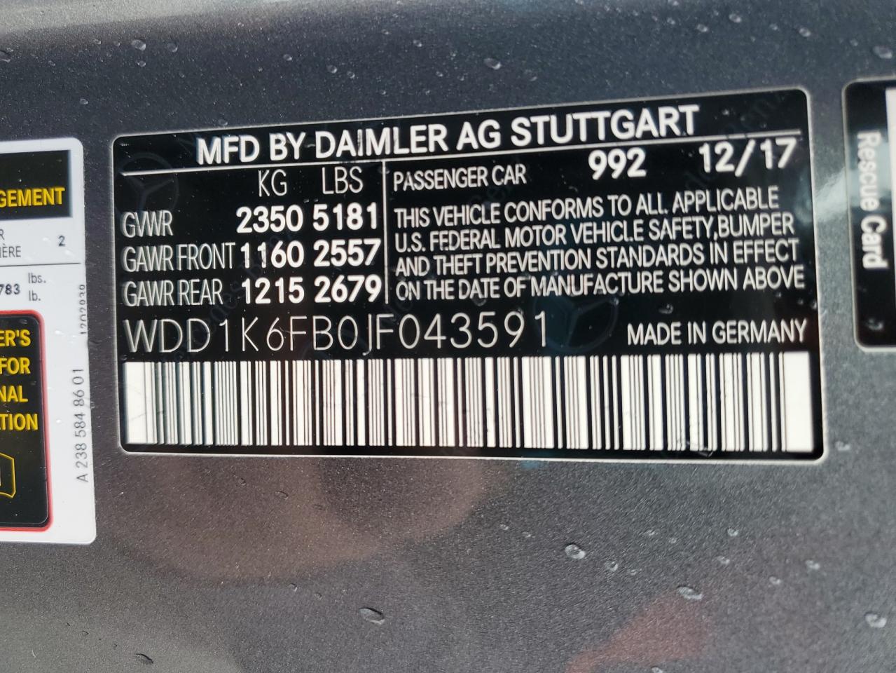 2018 Mercedes-Benz E 400 VIN: WDD1K6FB0JF043591 Lot: 92713165