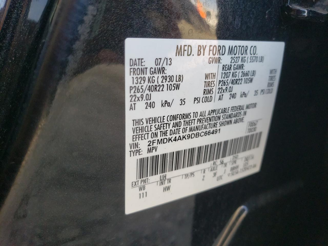 2013 Ford Edge Sport VIN: 2FMDK4AK9DBC66491 Lot: 92364105