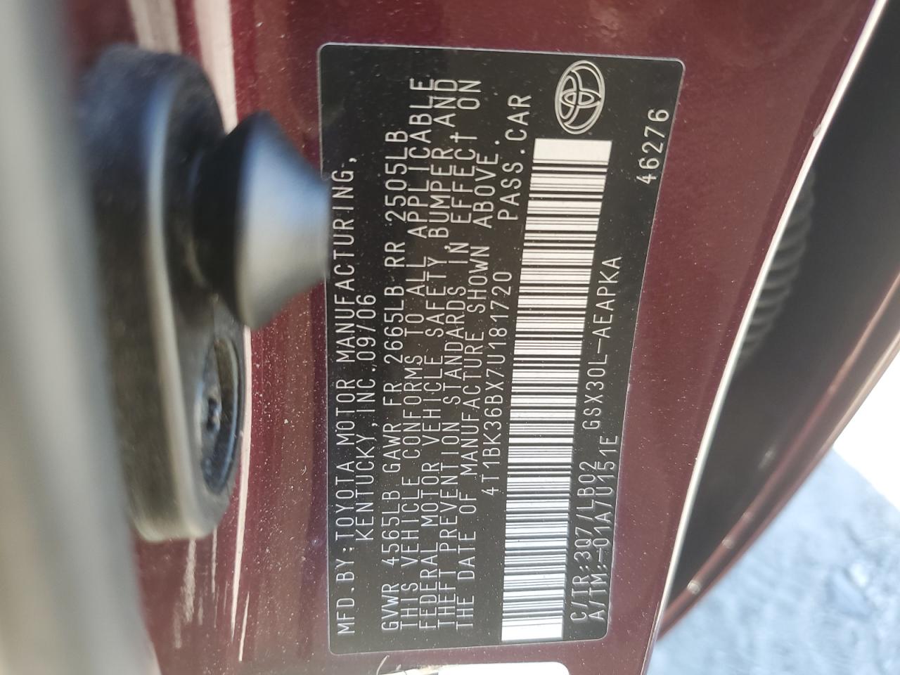 2007 Toyota Avalon Xl VIN: 4T1BK36BX7U181720 Lot: 90473855