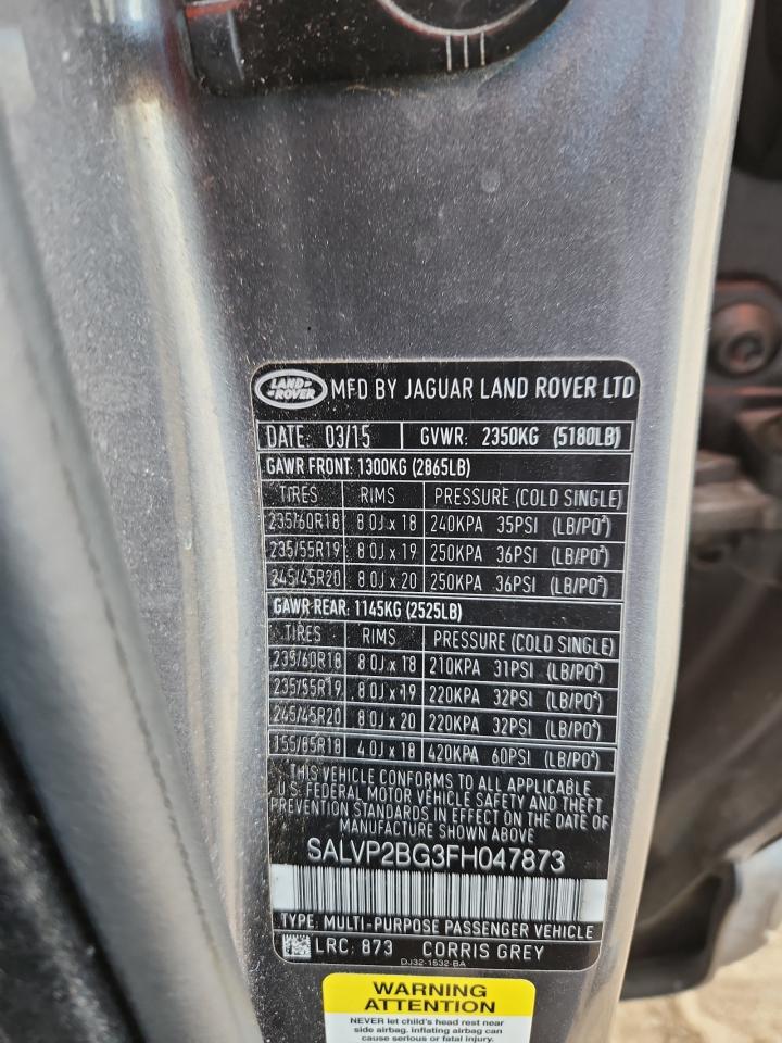 2015 Land Rover Range Rover Evoque Pure Plus VIN: SALVP2BG3FH047873 Lot: 91122085