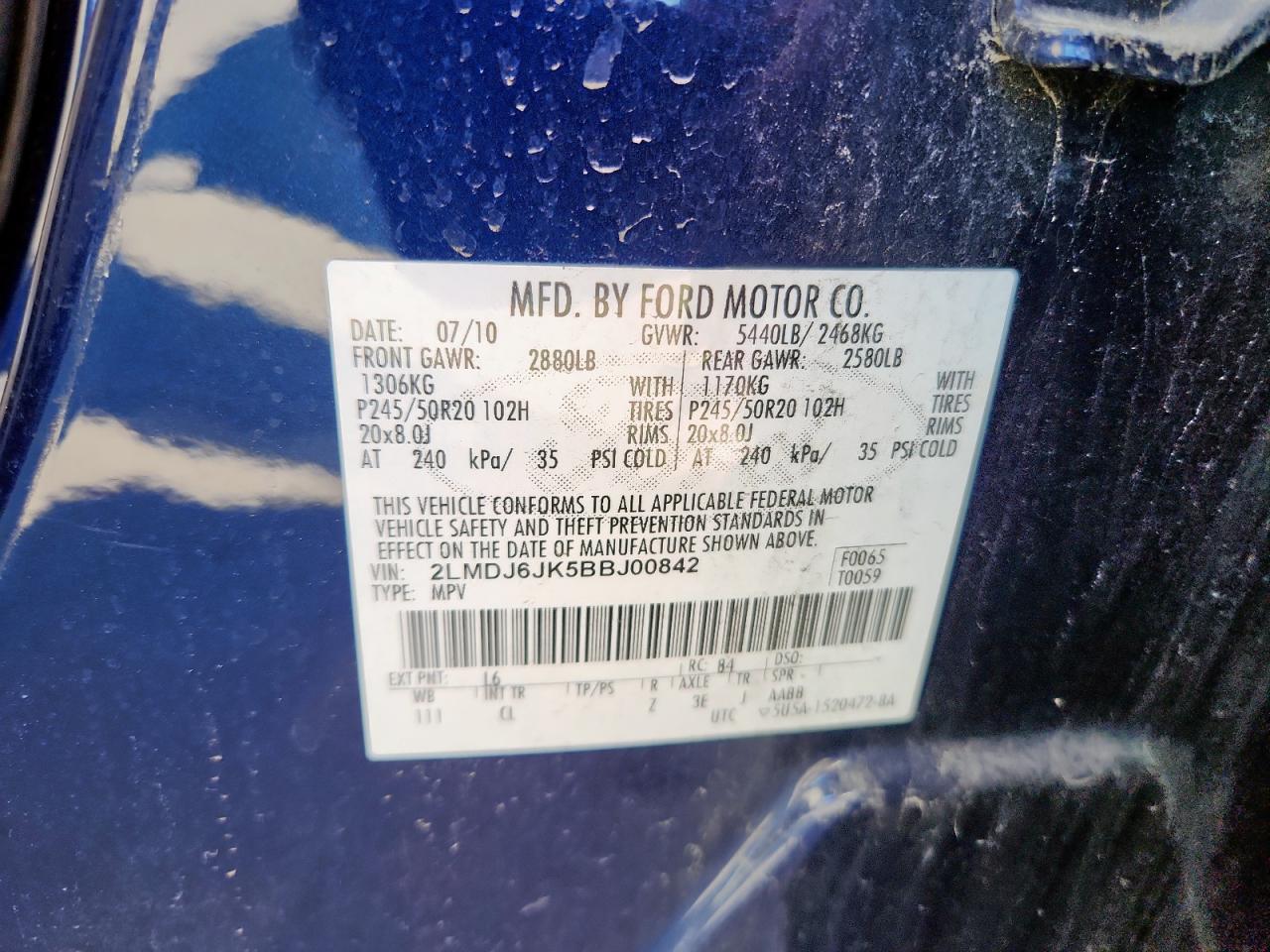 2011 Lincoln Mkx VIN: 2LMDJ6JK5BBJ00842 Lot: 90754425