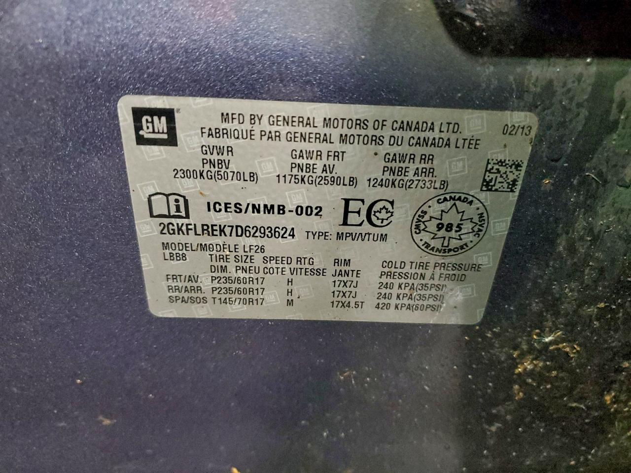 2013 GMC Terrain Sle VIN: 2GKFLREK7D6293624 Lot: 93706815