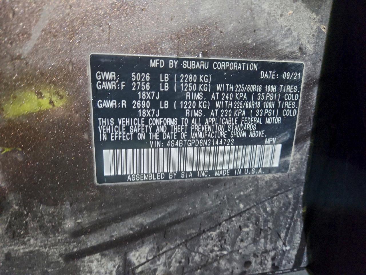 2022 Subaru Outback Touring VIN: 4S4BTGPD8N3144723 Lot: 94082355