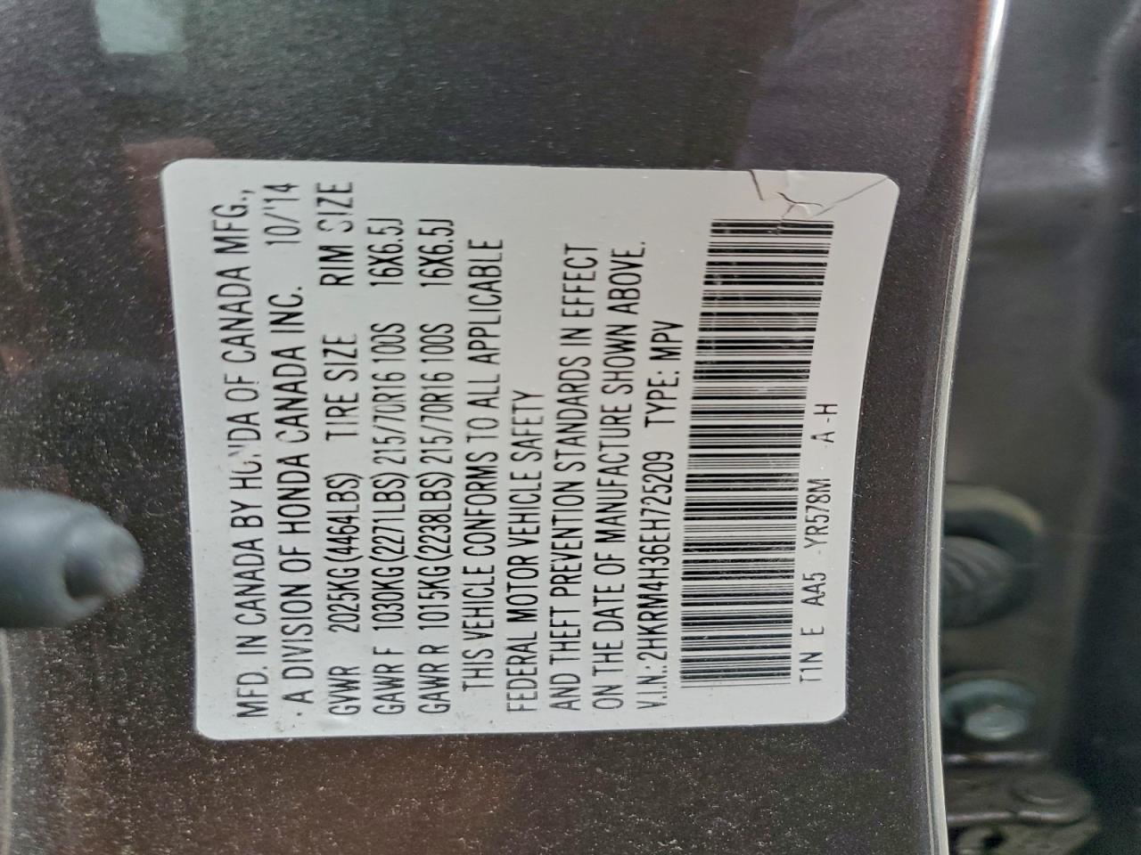 2014 Honda Cr-V Lx VIN: 2HKRM4H36EH725209 Lot: 94151355