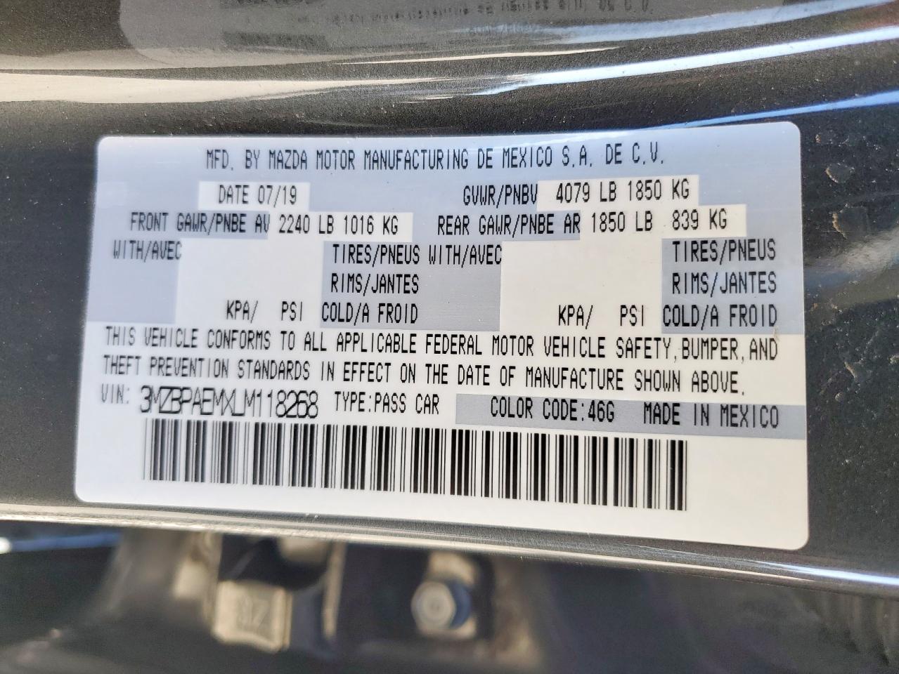 2020 Mazda 3 Premium VIN: 3MZBPAEMXLM118268 Lot: 92683235