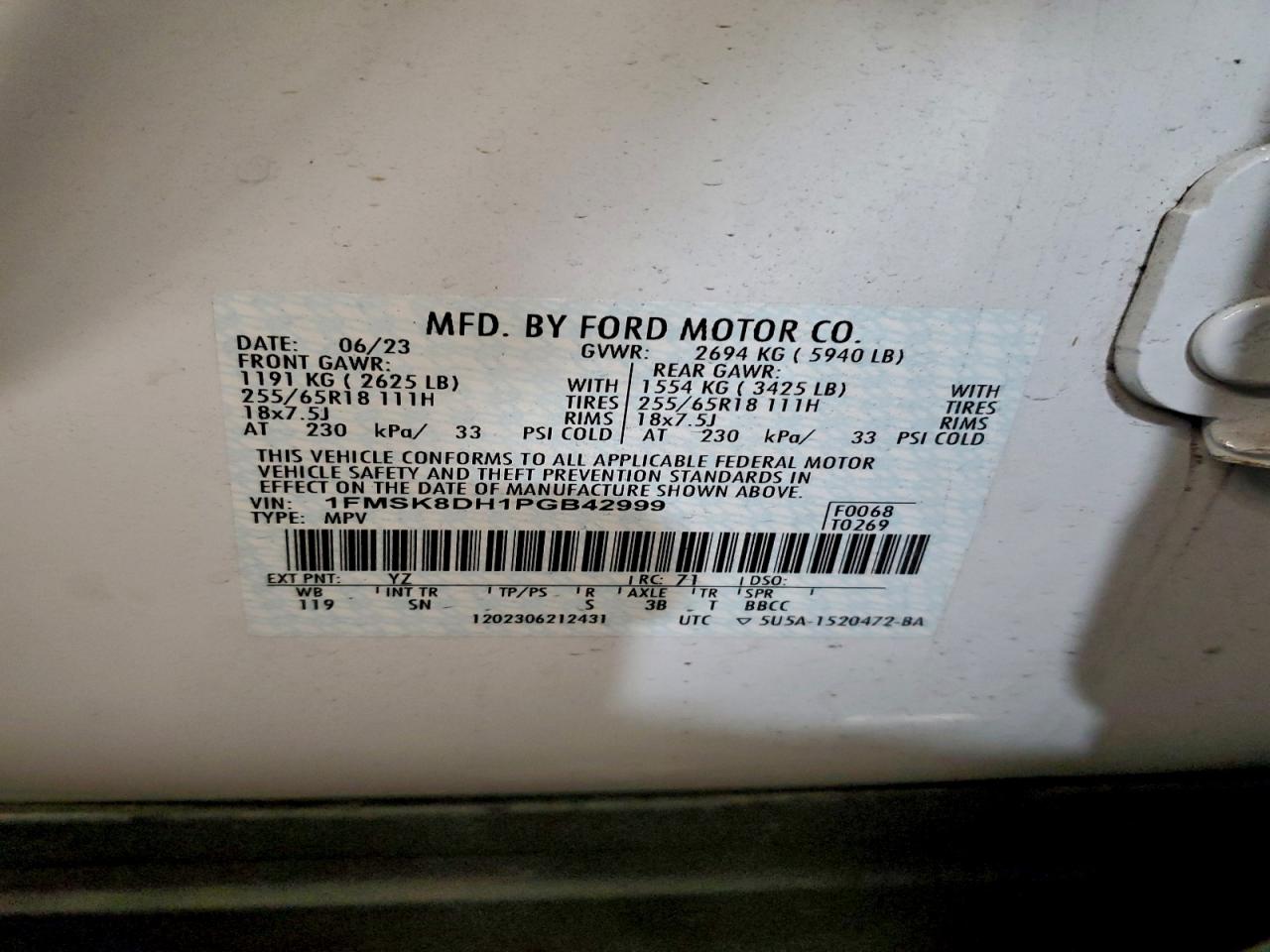 2023 Ford Explorer Xlt VIN: 1FMSK8DH1PGB42999 Lot: 94608395