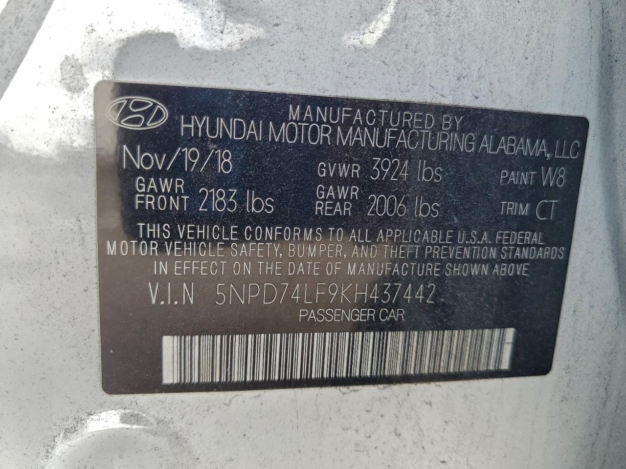 2019 Hyundai Elantra Se VIN: 5NPD74LF9KH437442 Lot: 94518365