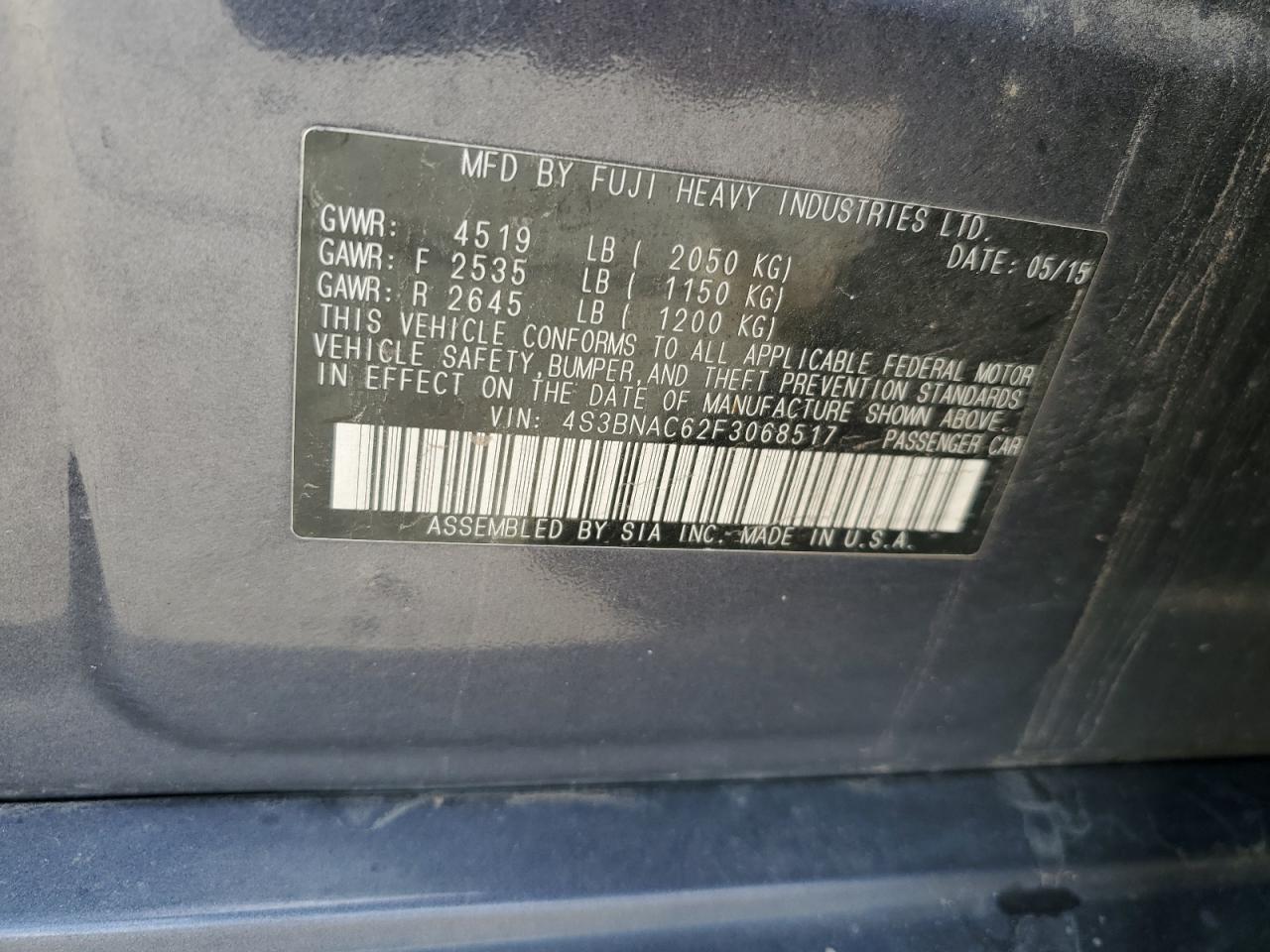 2015 Subaru Legacy 2.5I Premium VIN: 4S3BNAC62F3068517 Lot: 91040875