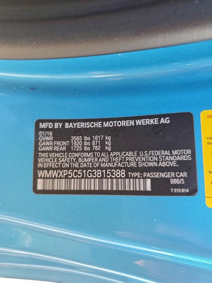 2016 Mini Cooper VIN: WMWXP5C51G3B15388 Lot: 94527375