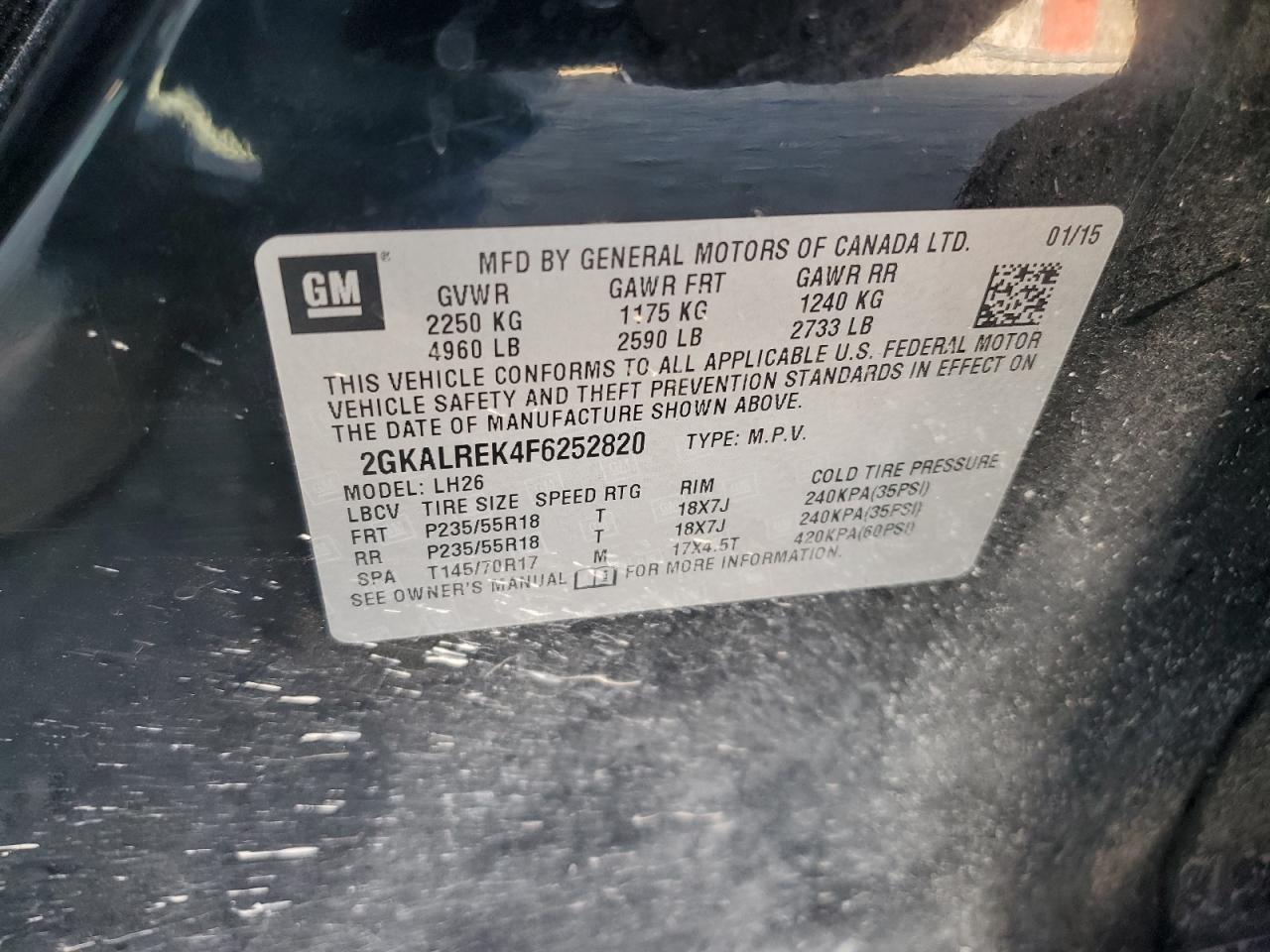 2015 GMC Terrain Sle VIN: 2GKALREK4F6252820 Lot: 93446145