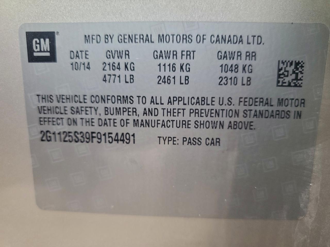 2015 Chevrolet Impala Lt VIN: 2G1125S39F9154491 Lot: 94141875