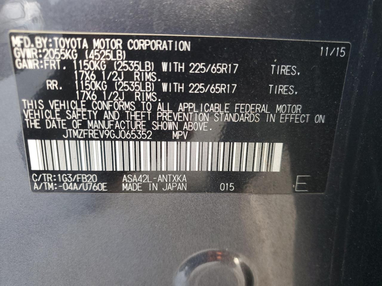 2016 Toyota Rav4 Le VIN: JTMZFREV9GJ065352 Lot: 93009325