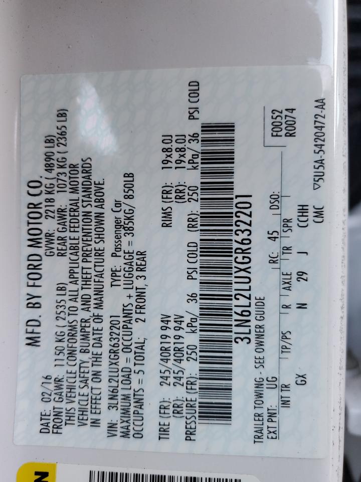 2016 Lincoln Mkz Hybrid VIN: 3LN6L2LUXGR632201 Lot: 92261145