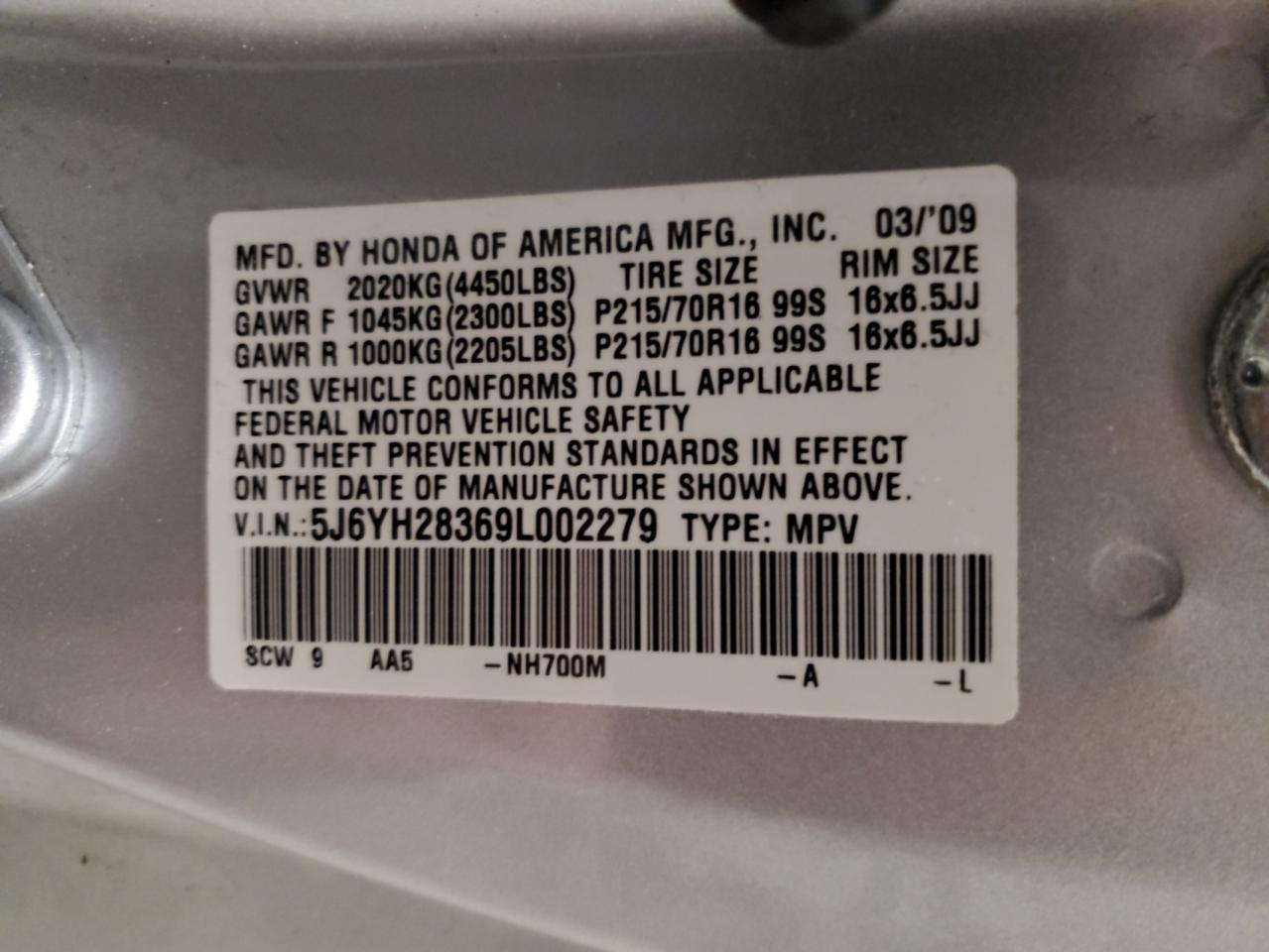 2009 Honda Element Lx VIN: 5J6YH28369L002279 Lot: 92937635