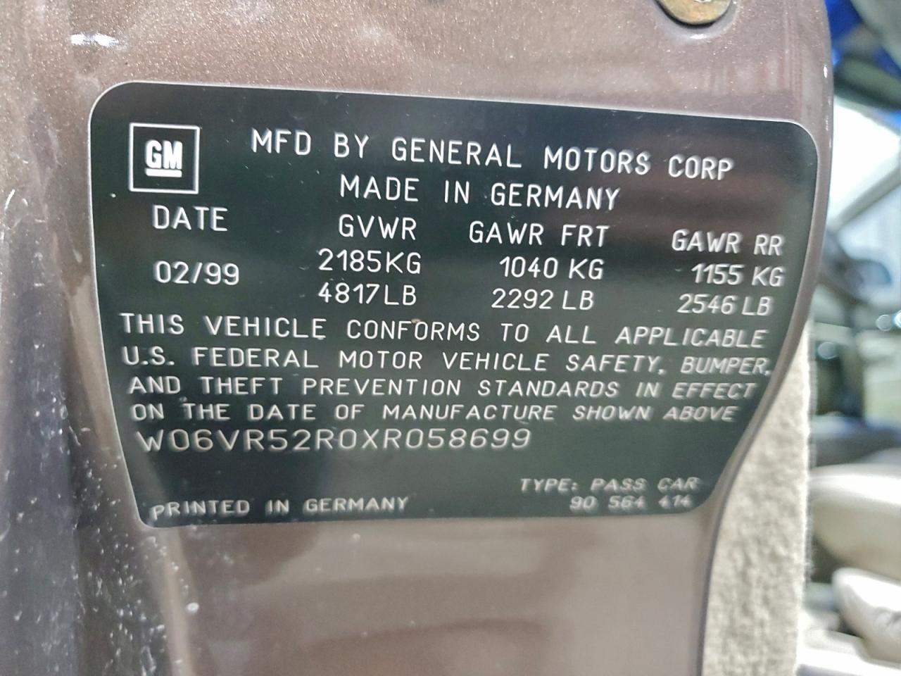 1999 Cadillac Catera VIN: W06VR52R0XR058699 Lot: 94179965