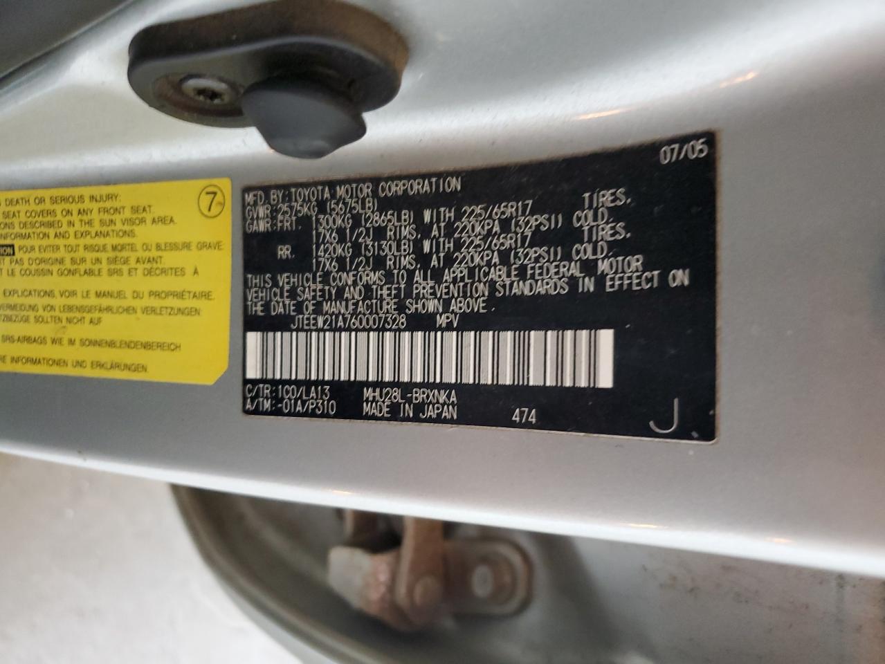 2006 Toyota Highlander Hybrid VIN: JTEEW21A760007328 Lot: 92604105