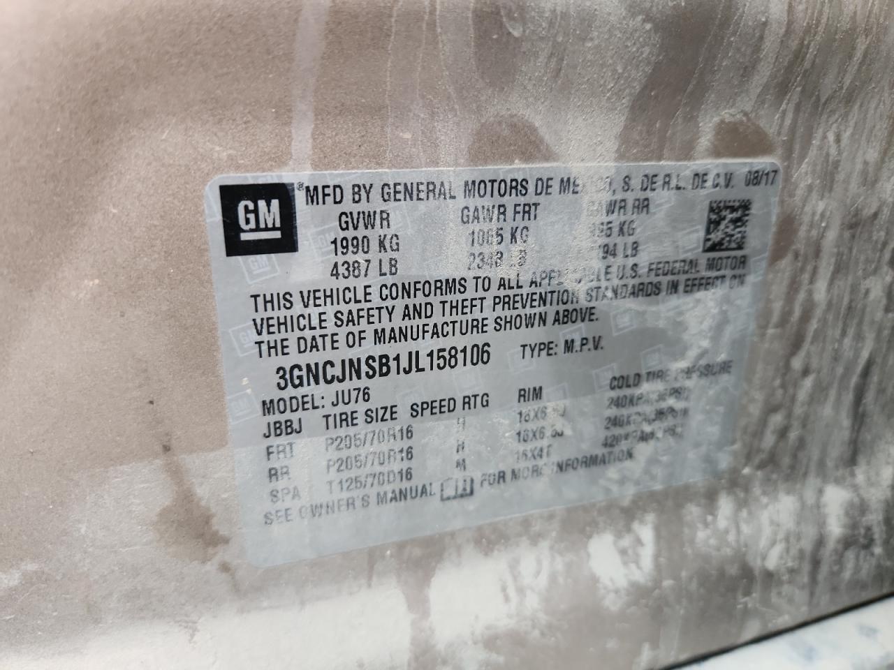 2018 Chevrolet Trax Ls VIN: 3GNCJNSB1JL158106 Lot: 92891685