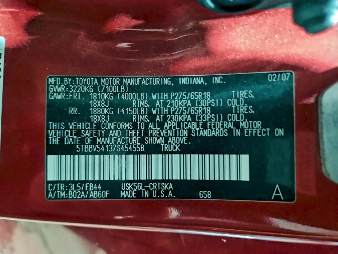 2007 Toyota Tundra Double Cab Sr5 VIN: 5TBBV54137S454558 Lot: 94193855