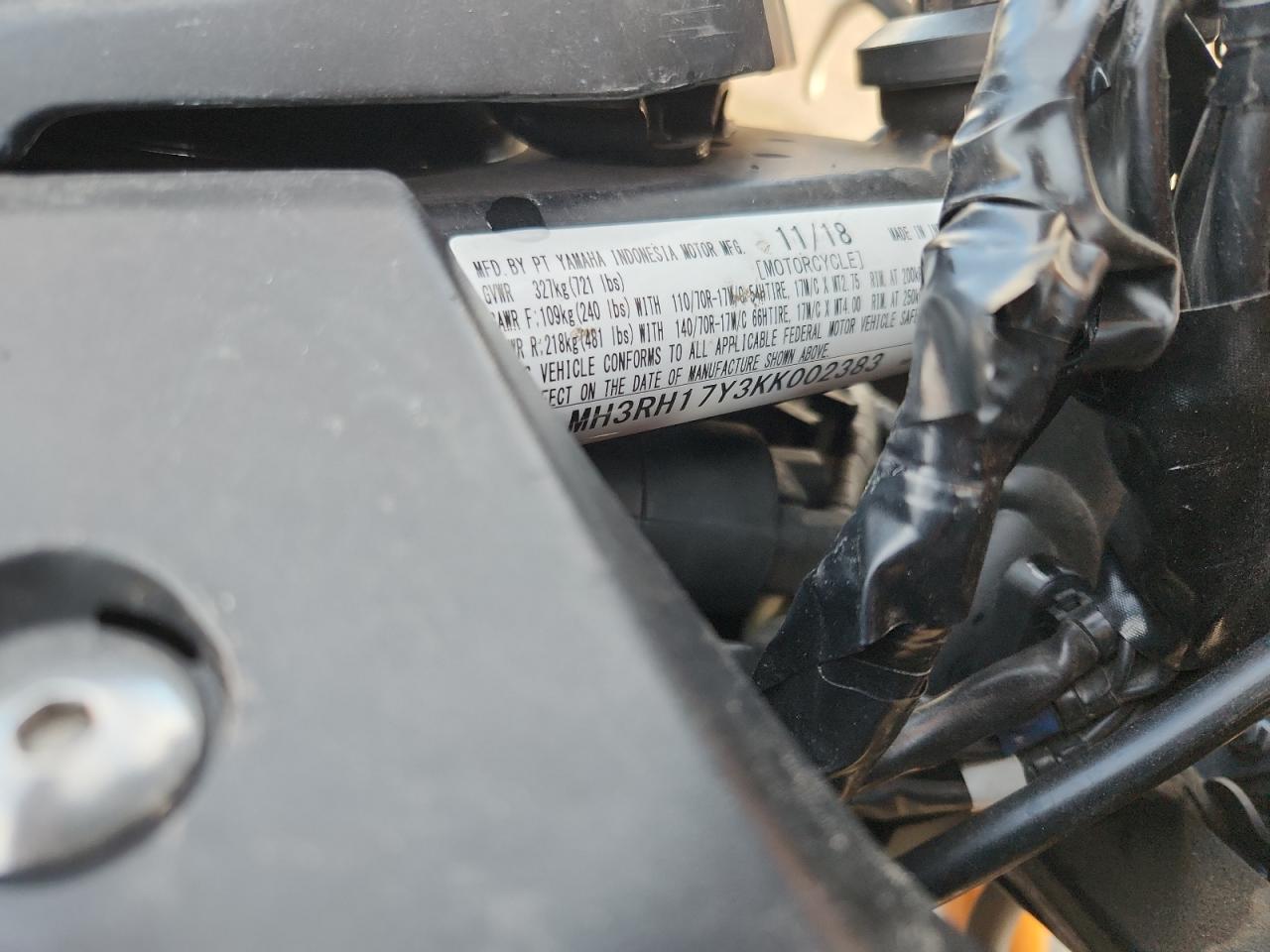 2019 Yamaha Yzfr3 VIN: MH3RH17Y3KK002383 Lot: 93328165