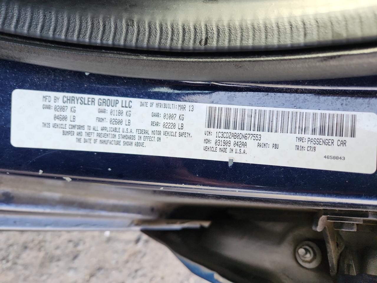 2013 Dodge Avenger Se VIN: 1C3CDZAB0DN677553 Lot: 93615385