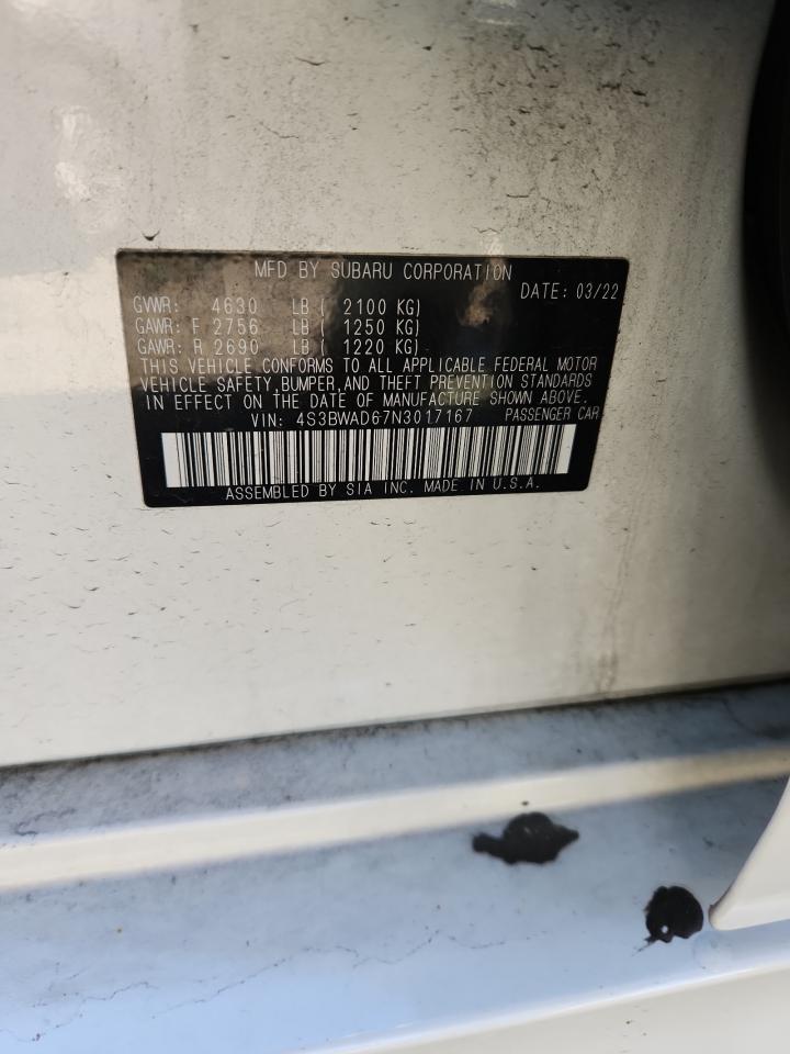 2022 Subaru Legacy Premium VIN: 4S3BWAD67N3017167 Lot: 92468135