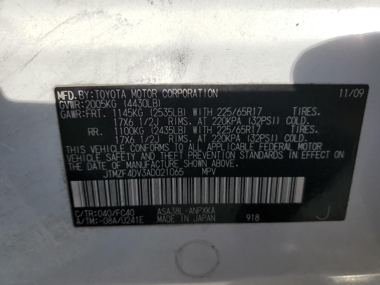 2010 Toyota Rav4 VIN: JTMZF4DV3AD021065 Lot: 92029755