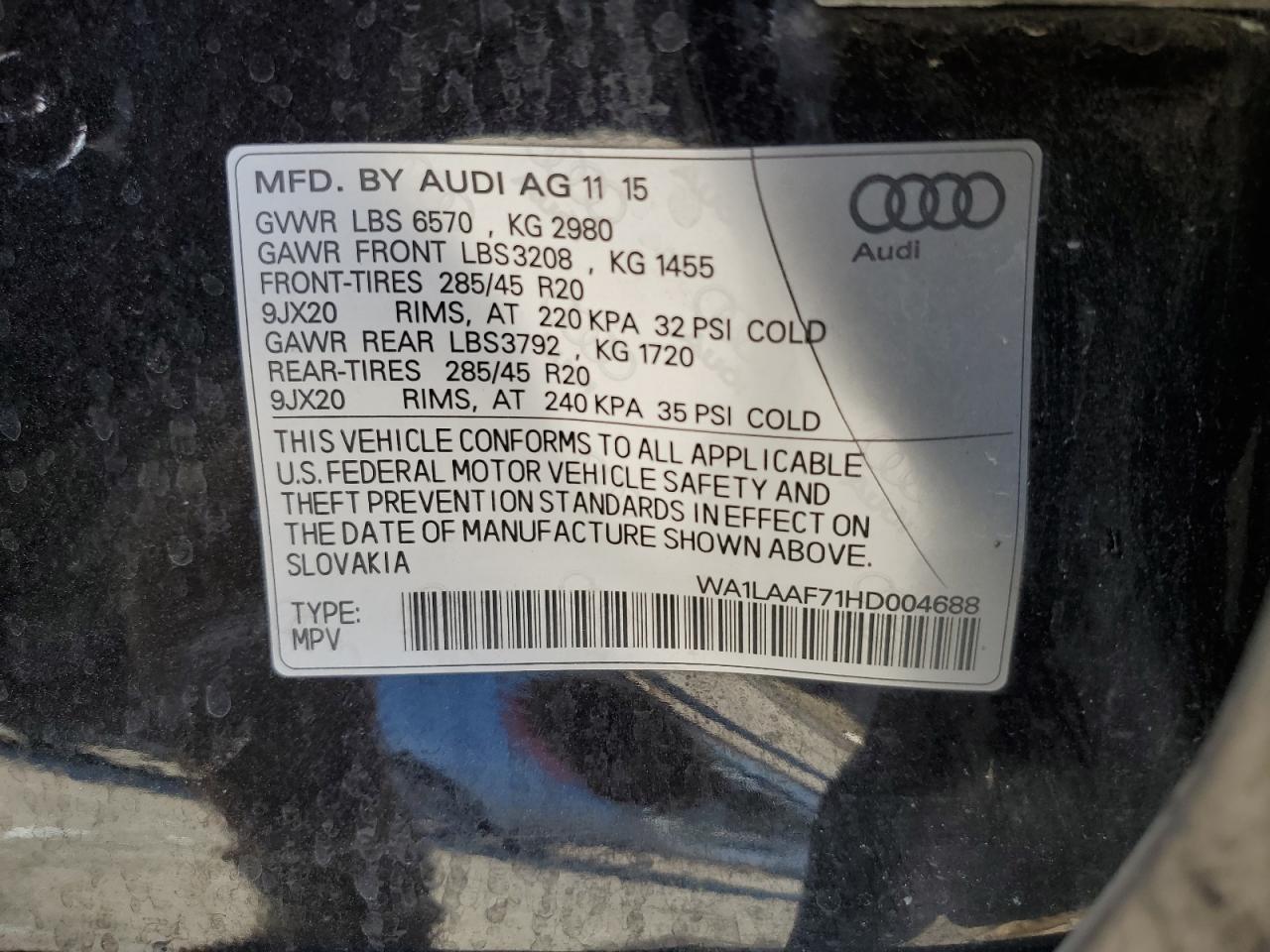 2017 Audi Q7 Premium Plus VIN: WA1LAAF71HD004688 Lot: 92892465