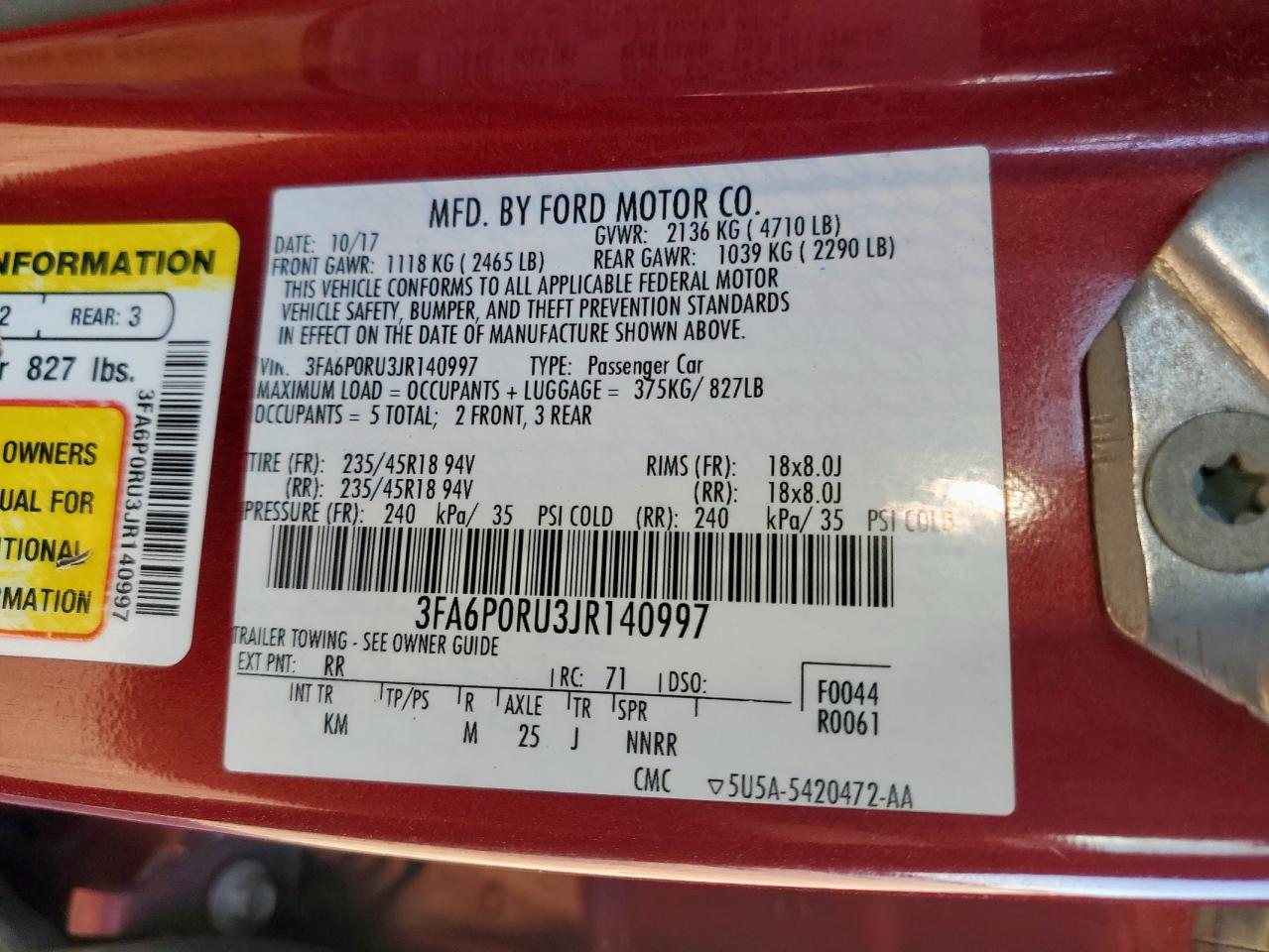 2018 Ford Fusion Titanium/Platinum Hev VIN: 3FA6P0RU3JR140997 Lot: 91221295