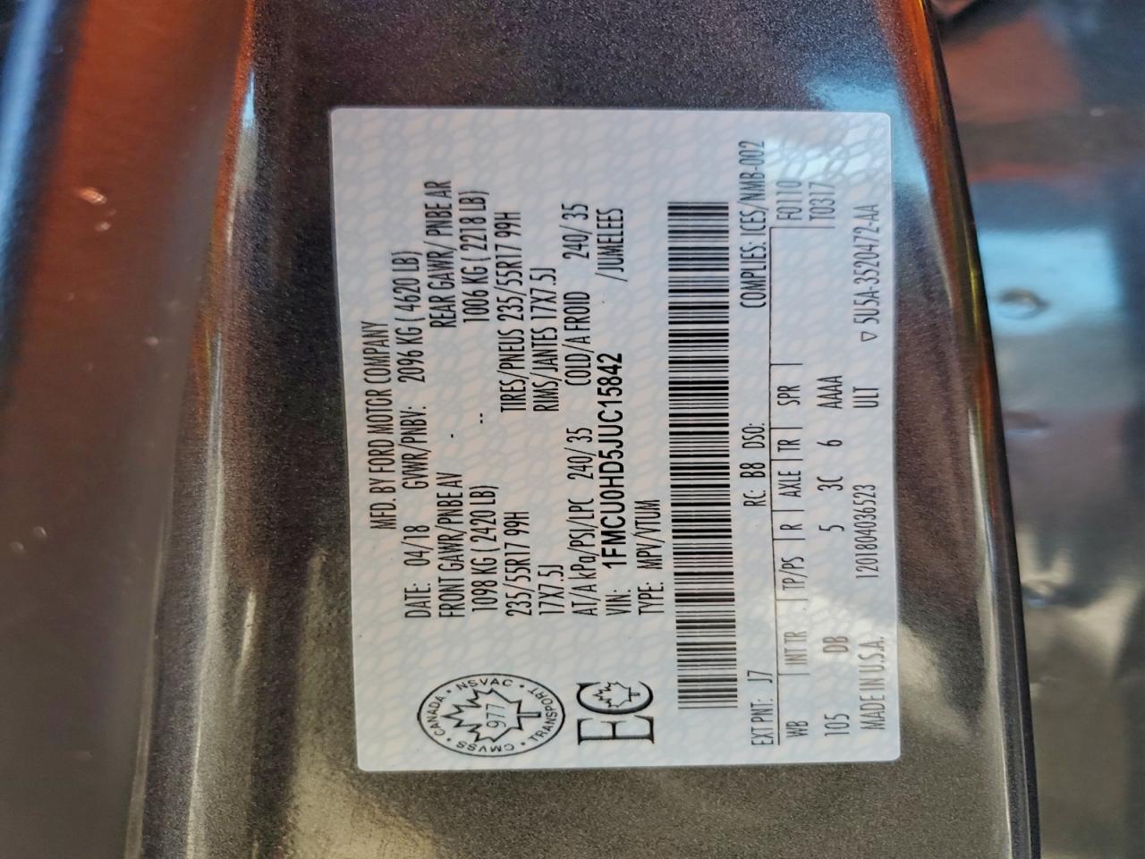 2018 Ford Escape Sel VIN: 1FMCU0HD5JUC15842 Lot: 93969695