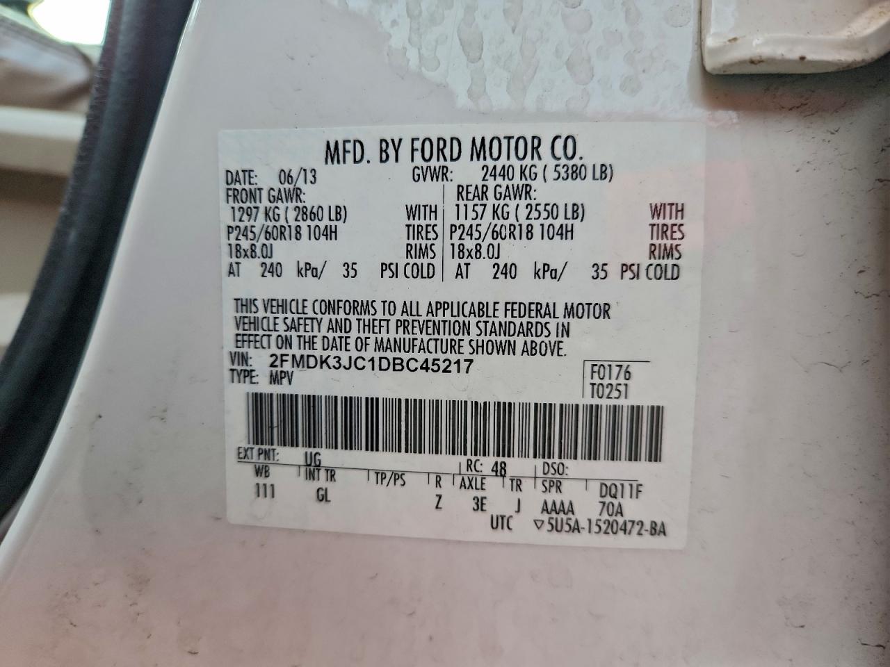 2013 Ford Edge Sel VIN: 2FMDK3JC1DBC45217 Lot: 93430325