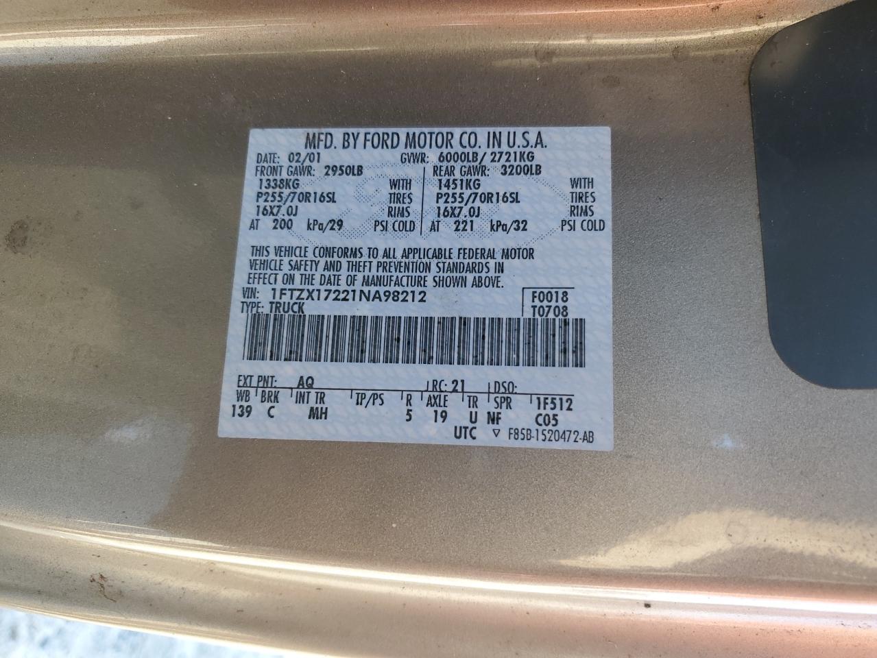 2001 Ford F150 VIN: 1FTZX17221NA98212 Lot: 91480875