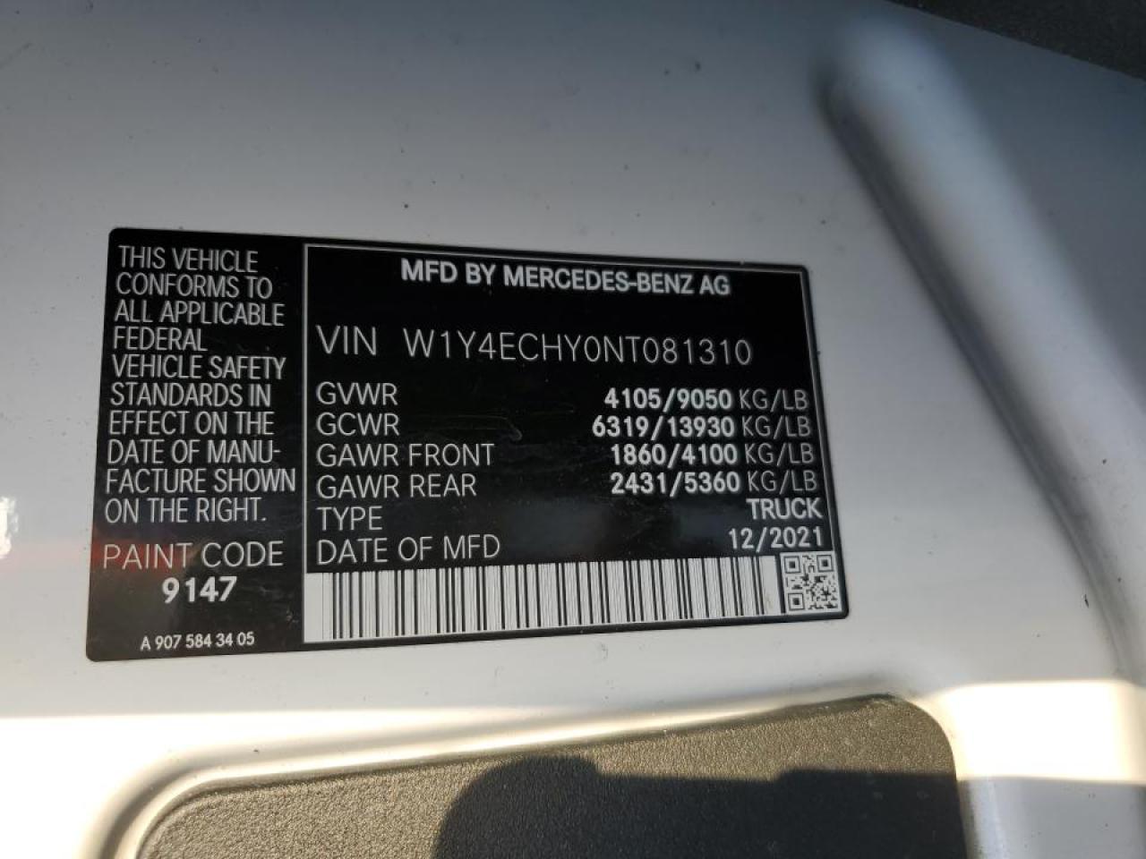 2022 Mercedes Benz Sprinter Delivery Van VIN: W1Y4ECHY0NT081310 Lot: 91251945