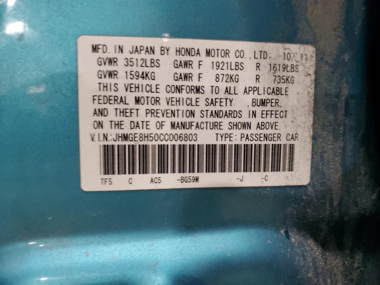 2012 Honda Fit Sport VIN: JHMGE8H50CC006803 Lot: 91986755