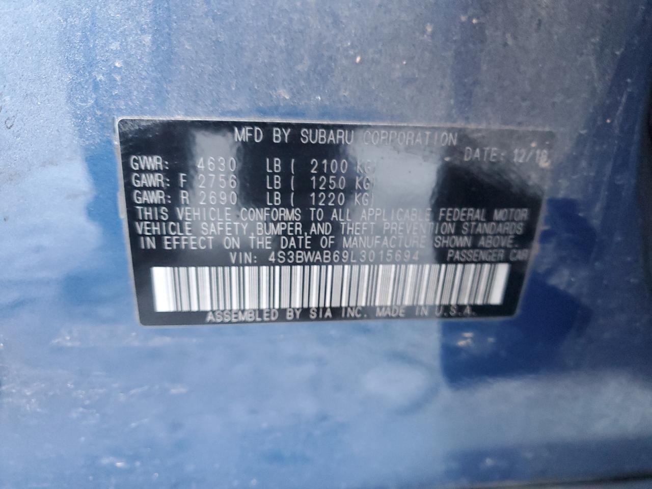 2020 Subaru Legacy VIN: 4S3BWAB69L3015694 Lot: 91480625