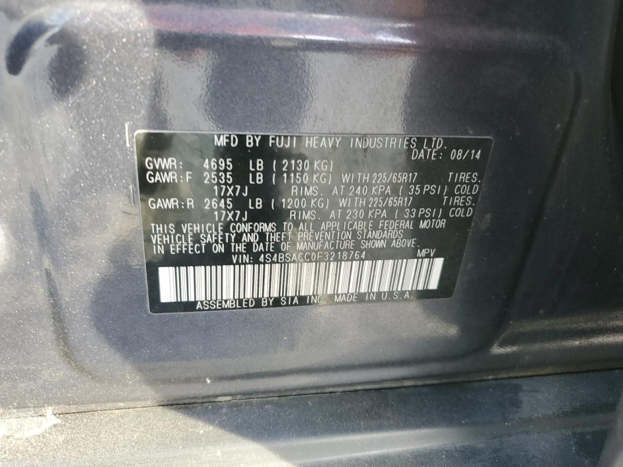 2015 Subaru Outback 2.5I Premium VIN: 4S4BSACC0F3218764 Lot: 93491805