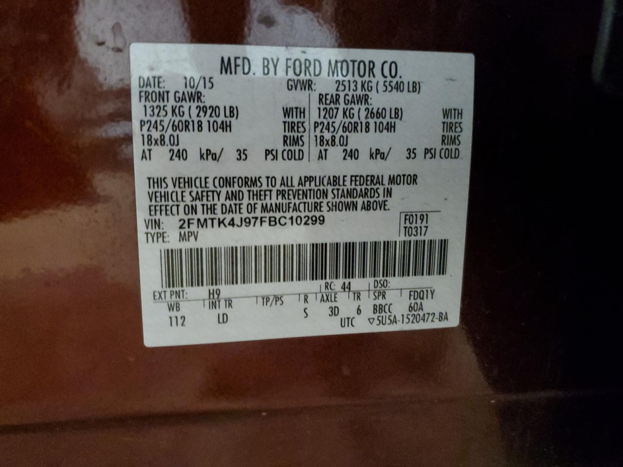 2015 Ford Edge Sel VIN: 2FMTK4J97FBC10299 Lot: 92340555