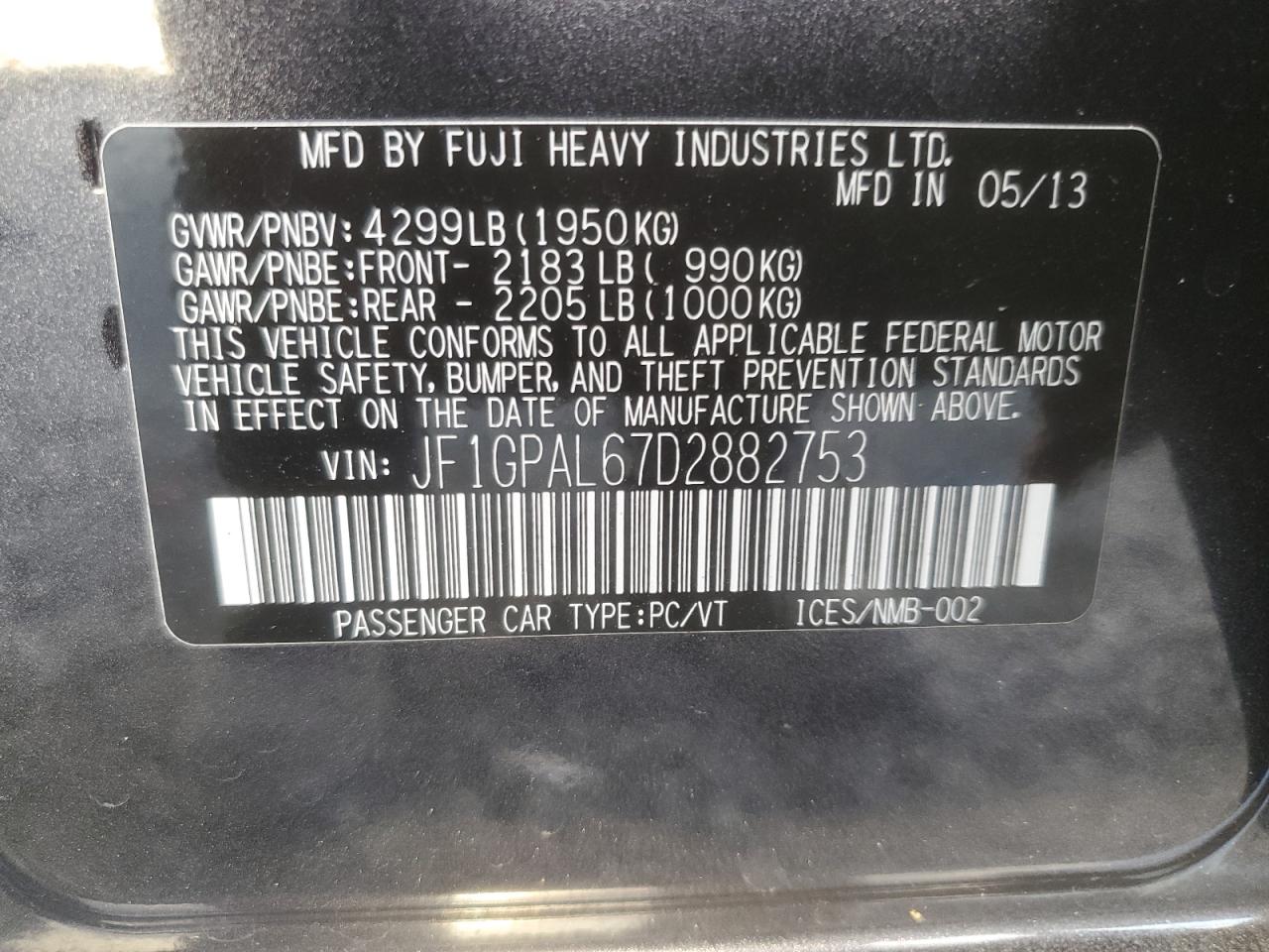 2013 Subaru Impreza Sport Premium VIN: JF1GPAL67D2882753 Lot: 93144255