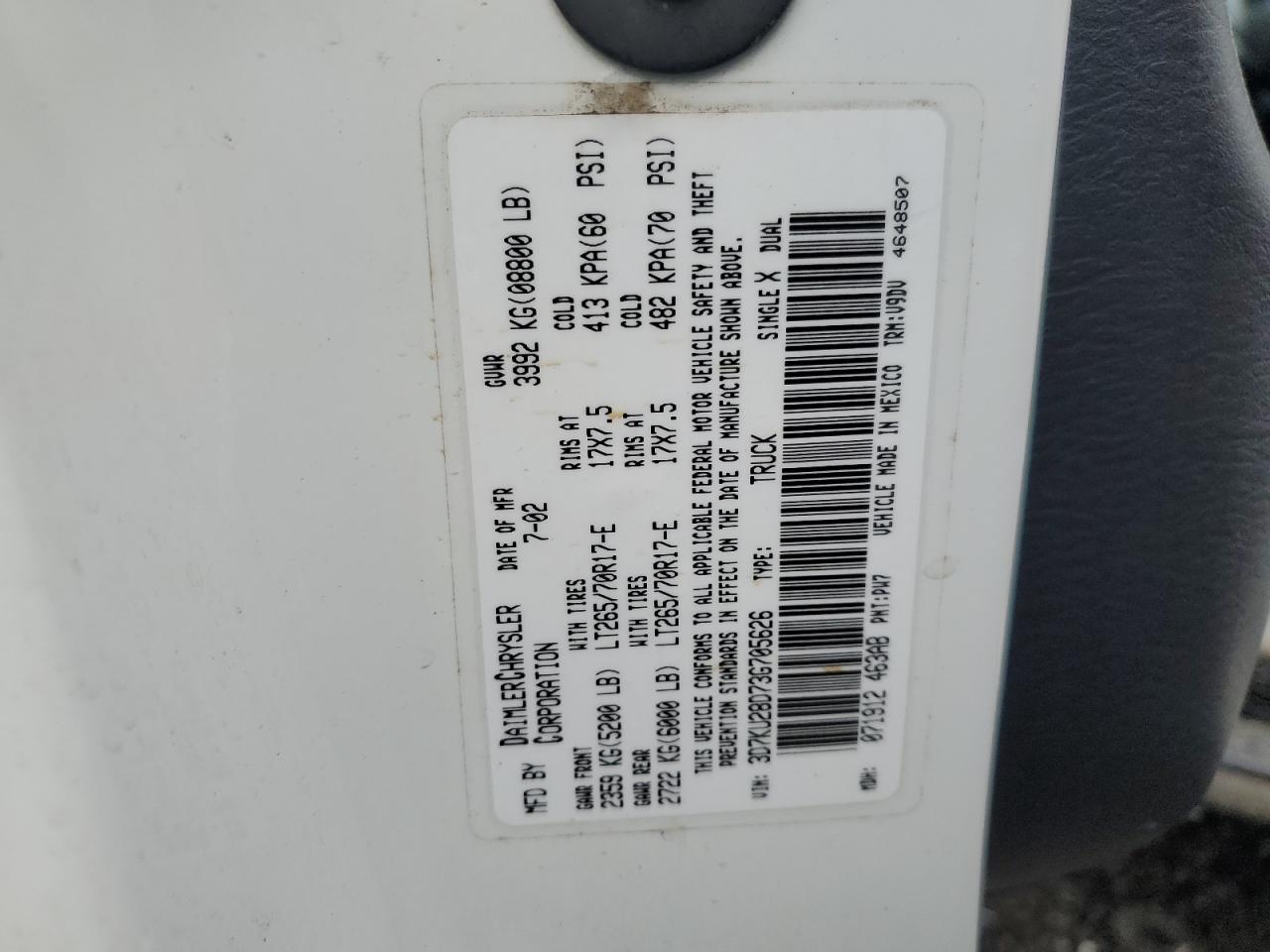 2003 Dodge Ram 2500 St VIN: 3D7KU28D73G705626 Lot: 91045115