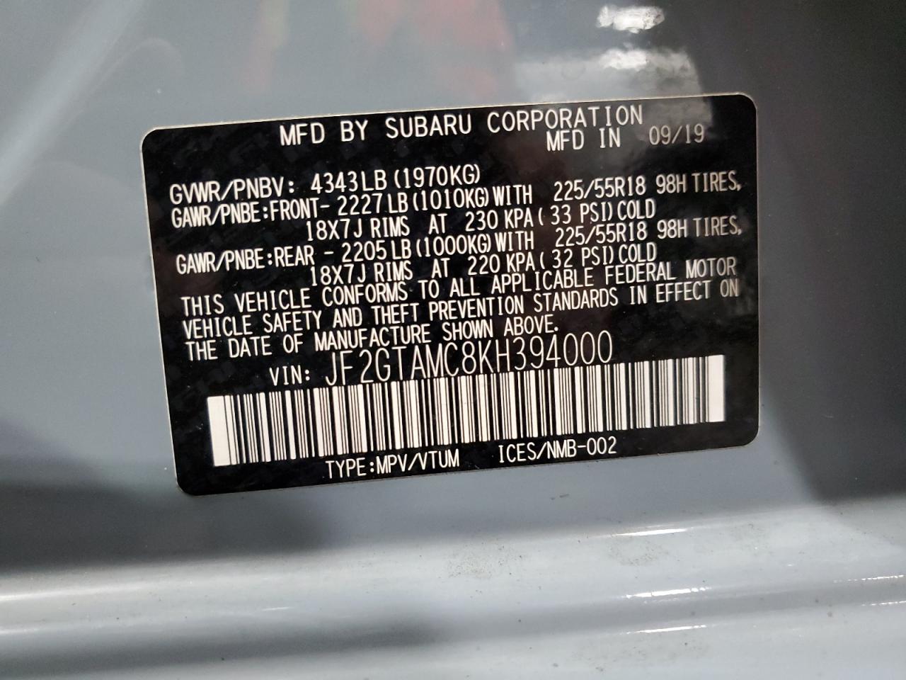 2019 Subaru Crosstrek Limited VIN: JF2GTAMC8KH394000 Lot: 90905765