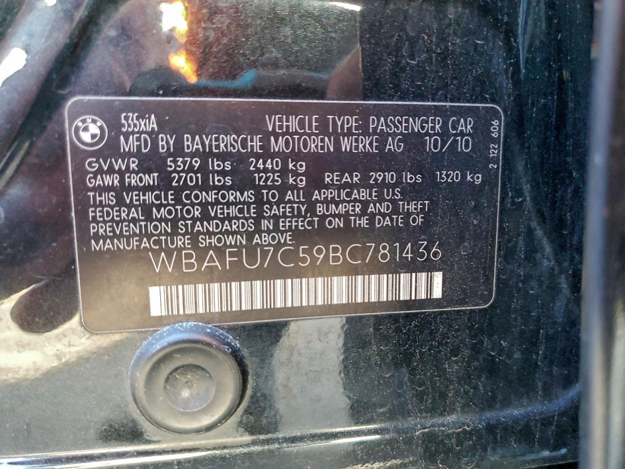 2011 BMW 535 Xi VIN: WBAFU7C59BC781436 Lot: 94263495