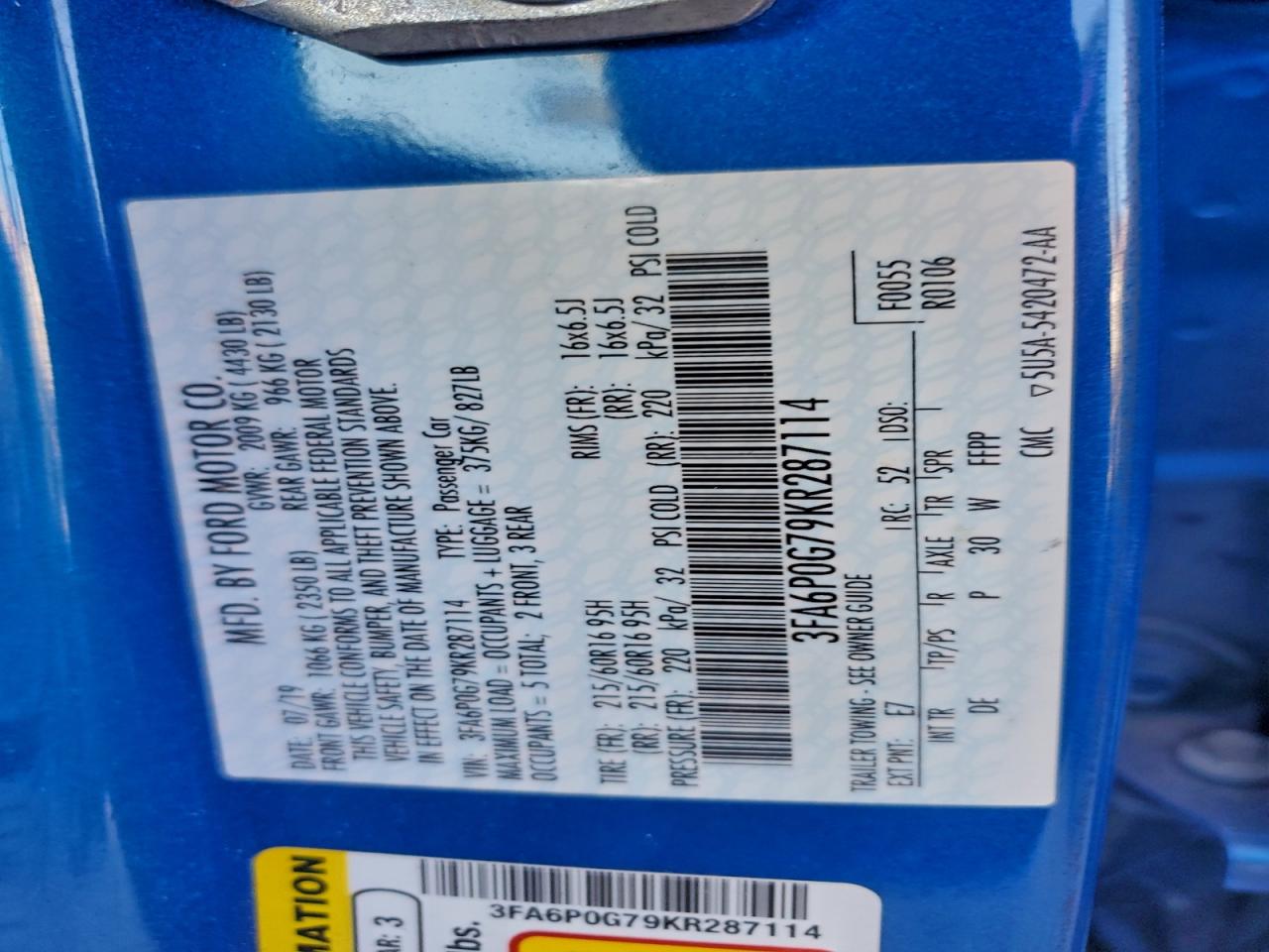 2019 Ford Fusion S VIN: 3FA6P0G79KR287114 Lot: 94125165