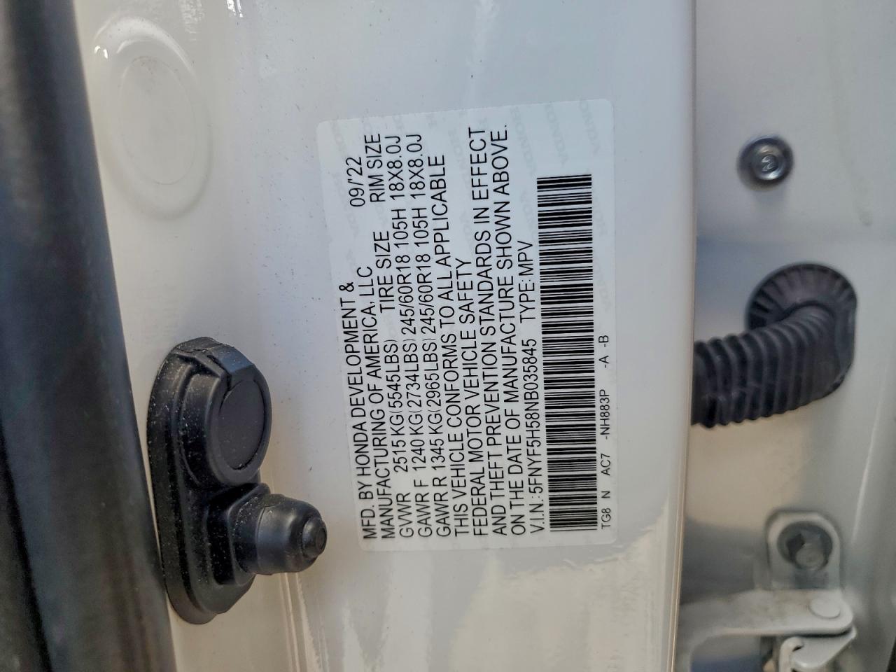 2022 Honda Pilot Exl VIN: 5FNYF5H58NB035845 Lot: 94655155