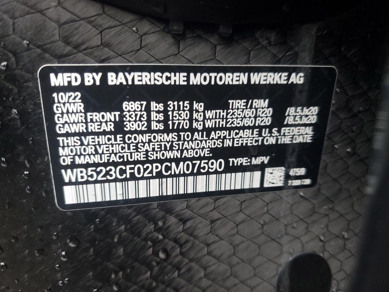 2023 BMW Ix xDrive50 VIN: WB523CF02PCM07590 Lot: 92500425