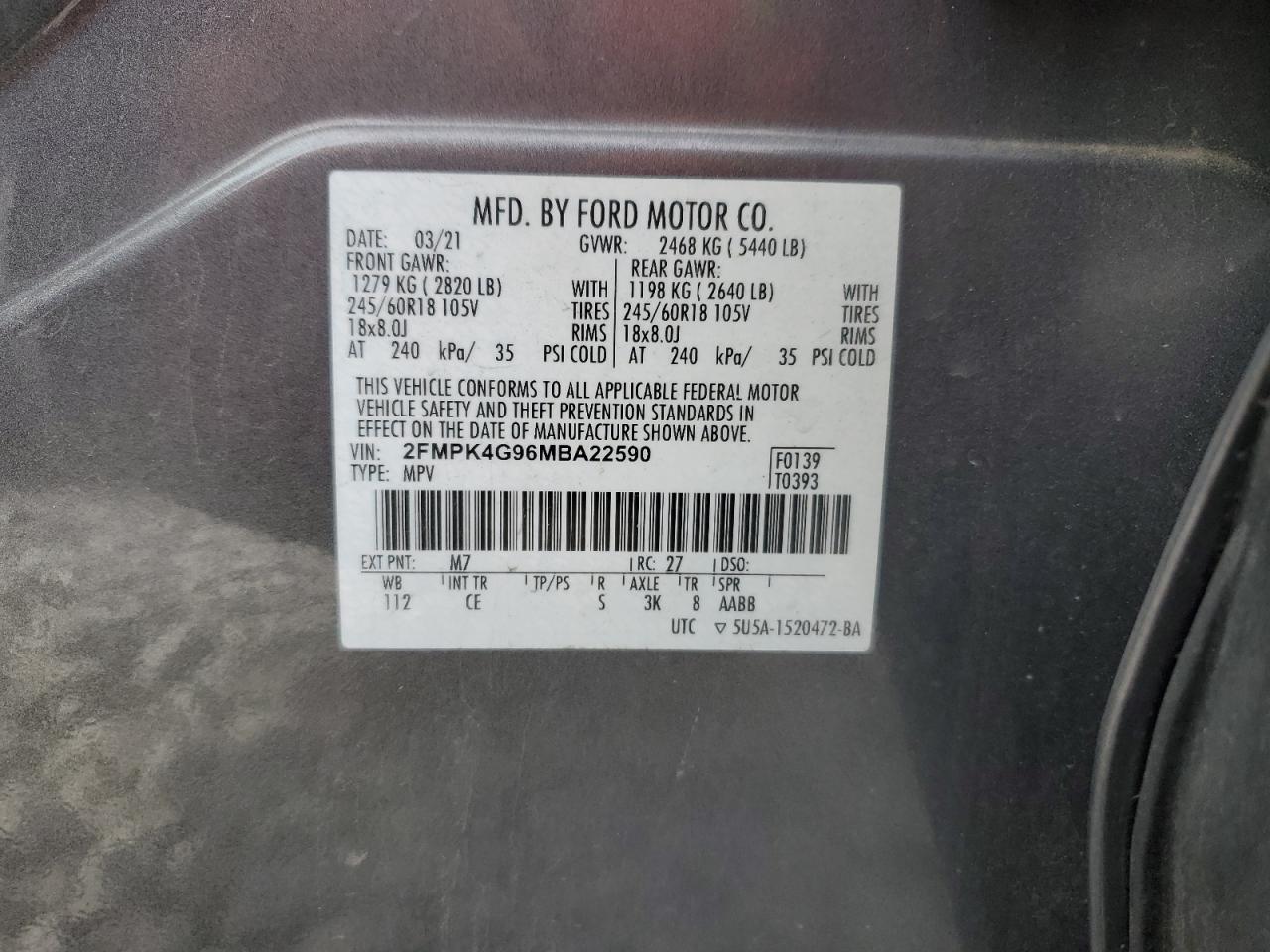 2021 Ford Edge Se VIN: 2FMPK4G96MBA22590 Lot: 86836575