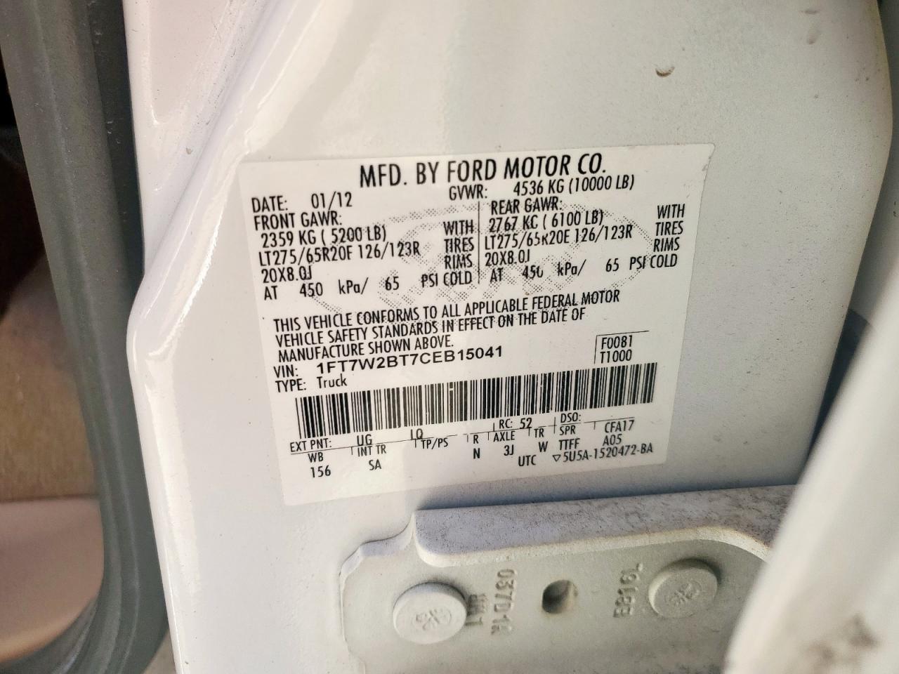 2012 Ford F250 Super Duty VIN: 1FT7W2BT7CEB15041 Lot: 91798735